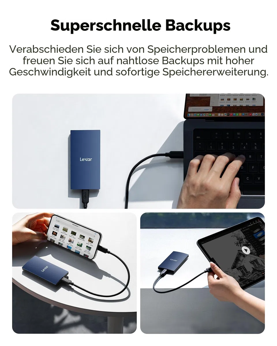 Lexar ES3 Externe SSD 1TB, USB 3.2 Gen2 Portable SSD, bis zu 1.050 MB/s Lesen, 1.000 MB/s Schreiben, Tragbare SSD für iPhone15-Serie/Mac/PS5/XBOX/Laptop/PC und Spielkonsole (BLAU)