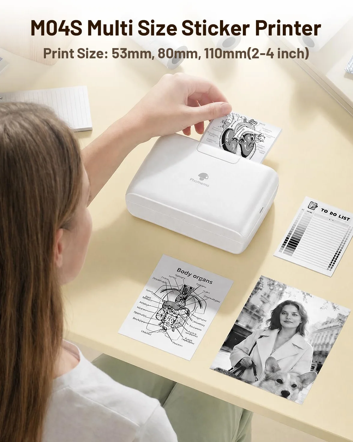 Phomemo M04S Mini Drucker, 110mm Sticker Drucker Etikettendrucker, 300 DPI Tragbarer Thermodrucker Kompatibel mit iOS & Android, für Journaling Zubehör, ersandetiketten,Dokumente,Fotos,Studiennotizen
