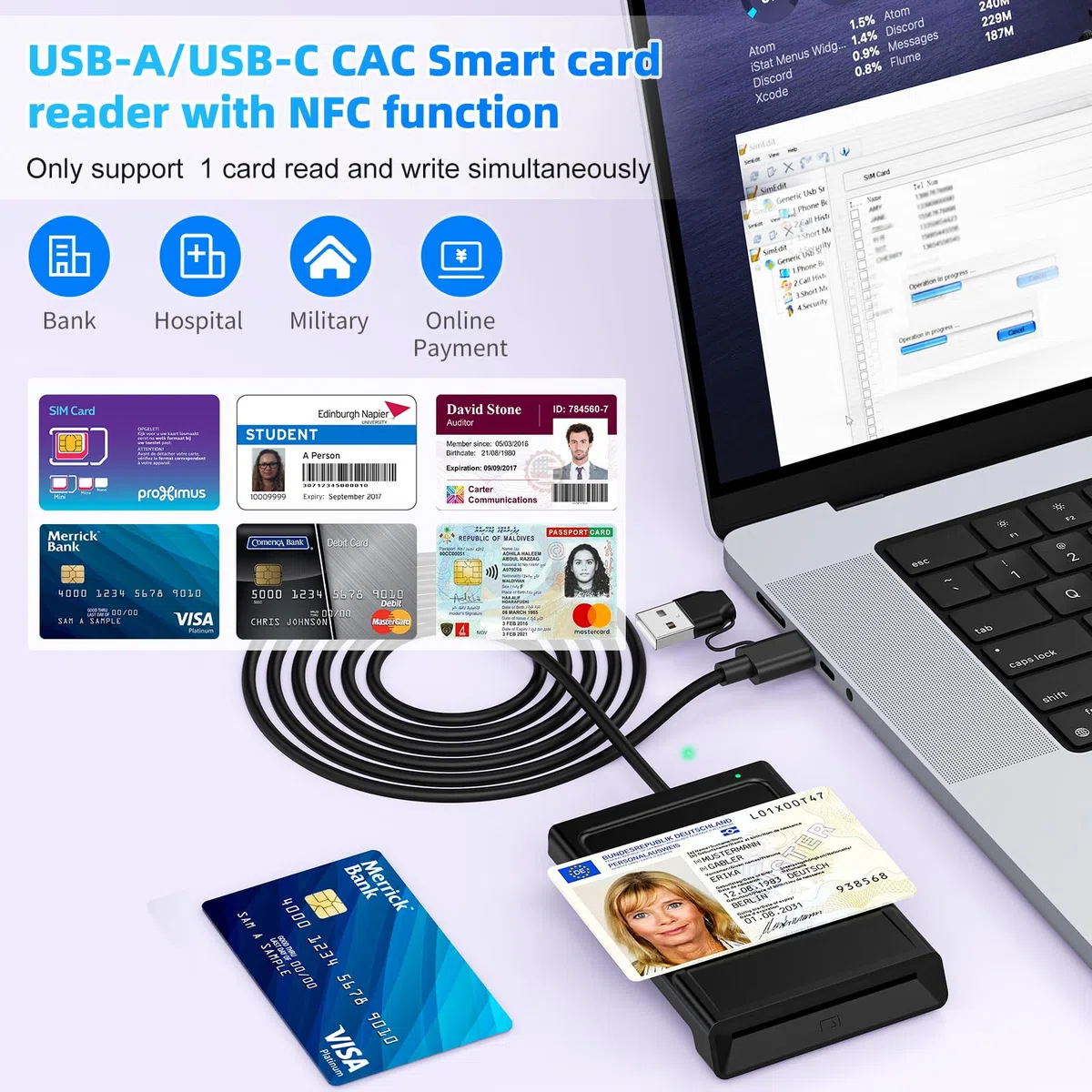 2IN1 USB-A & USB-C Chipkartenleser mit NFC, USB Smart Card Reader Kartenlesegerät DOD Military Kartenleser für den neuen Personalausweis Bankkarten kompatibel mit Windows, Linux, Android,95cm Kabel
