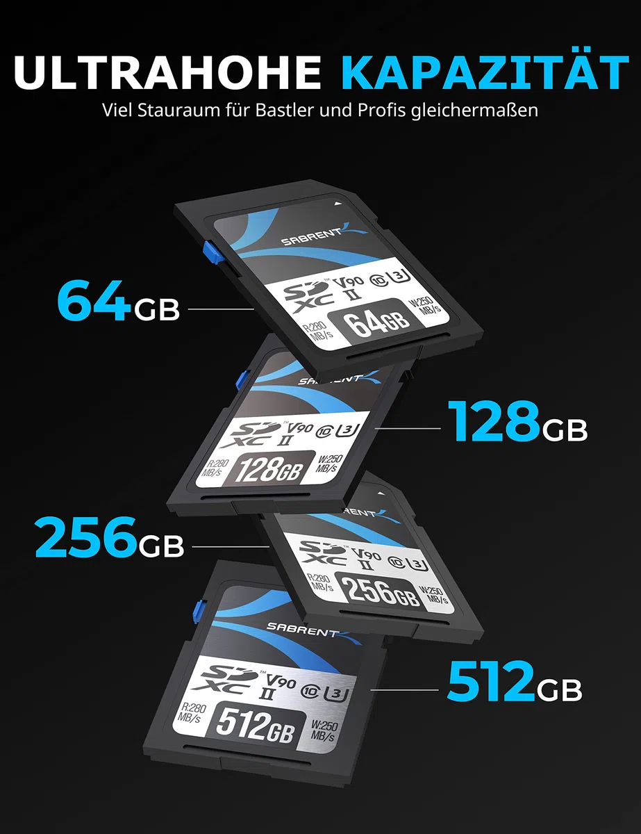 SABRENT SD Karte 128GB V90 UHS-II U3 SDXC Card Class 10, 280MB/s Lesen, 250MB/s Schreiben – Professionelle Speicherkarte für 4K 8K Video, DSLR, Drohne, Kamera (SD-TL90-128GB)