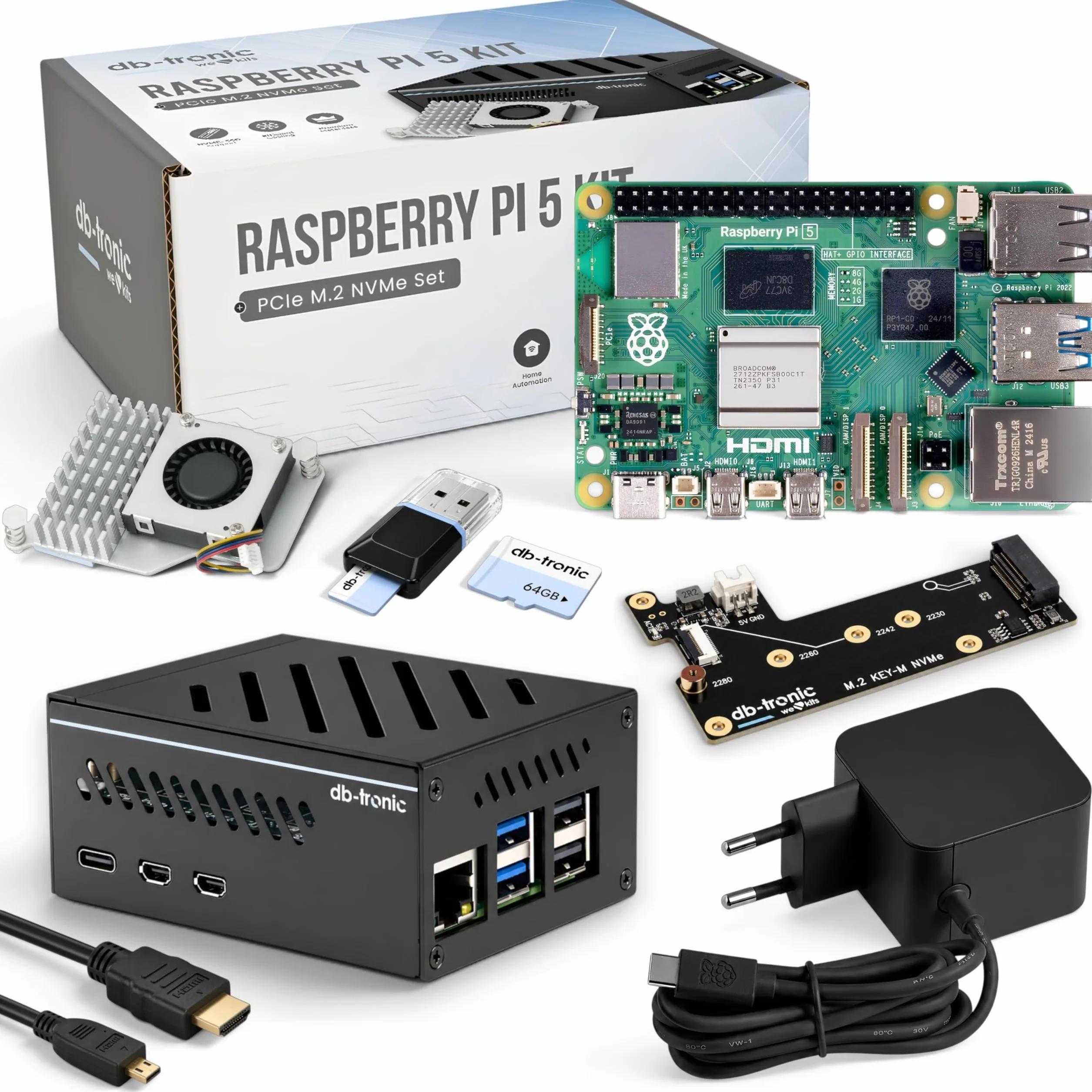 Raspberry Pi 5 4GB PCIe M.2 NVMe Set 64GB Edition 27W Netzteil Metallgehäuse Active Cooler