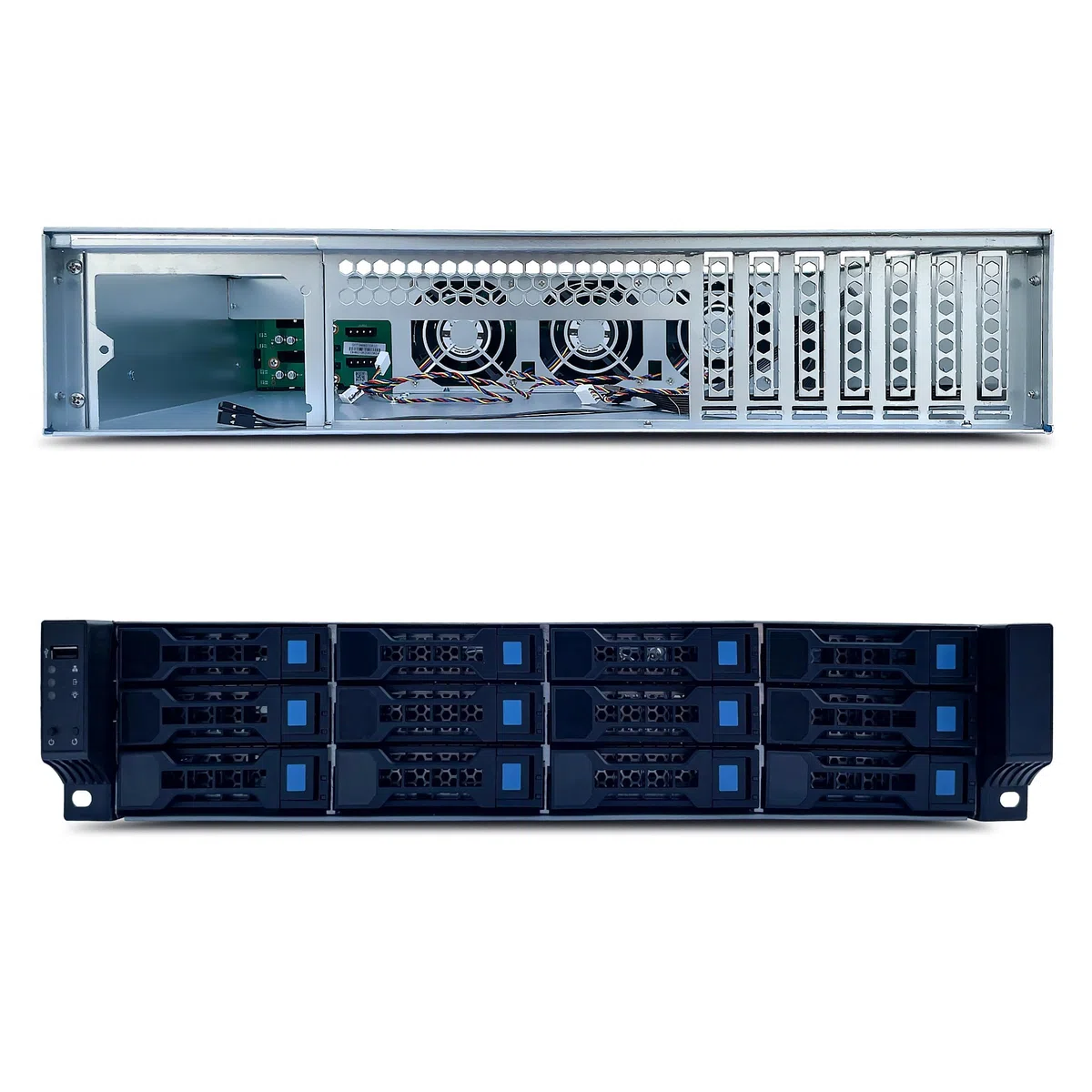 FANTEC 2563 SRC-2012X07-12G/6G 19" 2HE Storage Gehäuse, 12x SAS/SATA Einschübe mit je 2 Status LEDs, Einschübe für 3,5" und 2,5" Datenträger, 1x USB 2 Anschluss, 3X 80mm Lüfter