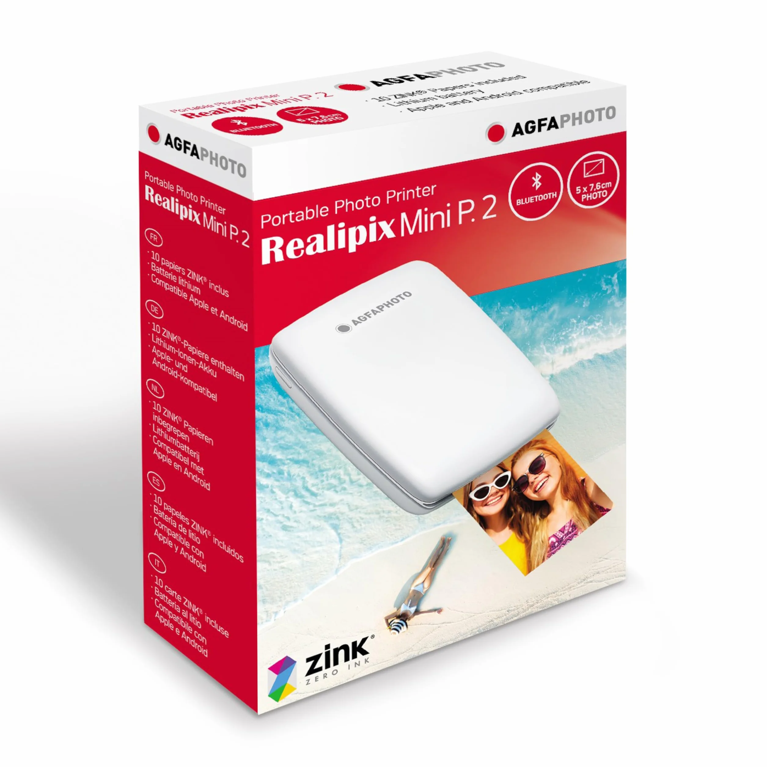 AGFA PHOTO Mini P.2 - Imprimante Portable Zink pour Photos Instantanées, Format 5x7,6 cm, Connexion Bluetooth, Compatible iOS/Android, 10 Feuilles Zink Incluses - Blanc