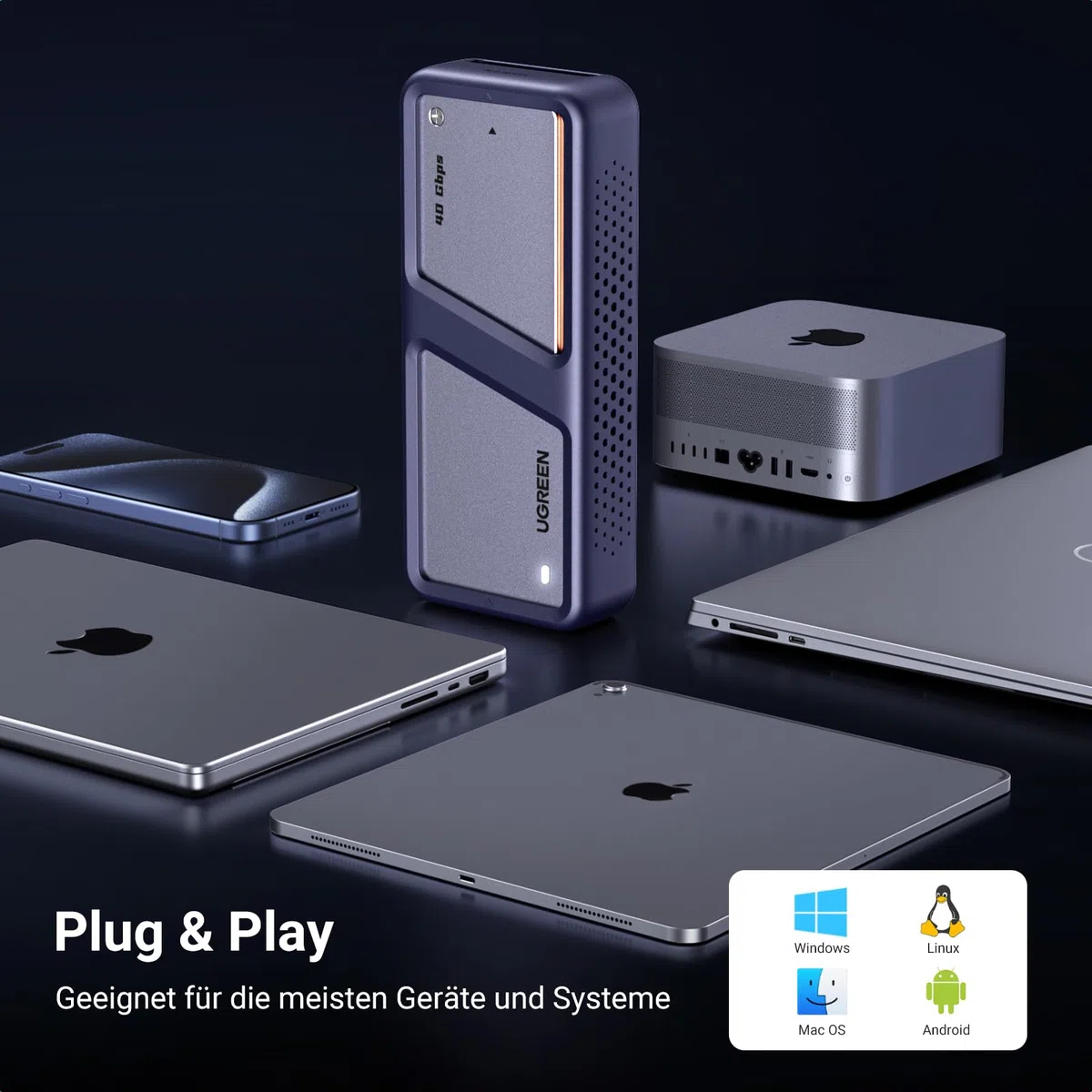 UGREEN USB 4 M2 Gehäuse, 40Gbps NVMe Gehäuse mit leistungsstarker Kühlleistung, USB M2 SSD Adapter für Datenspeicher, kompatibel mit MacBook Pro M5 Pro/M5 Max, HP Celeron N4120, Mac mini M4