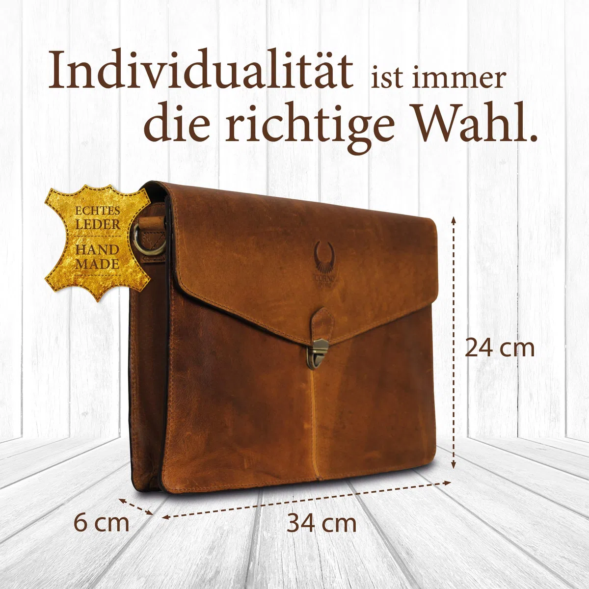 Corno d´Oro Premium Laptoptasche 14 Zoll Laptop Leder I Handgefertigte MacBook Tasche Echt Leder I Umhängetasche Herren Klein Braun für DIN A4 Größe