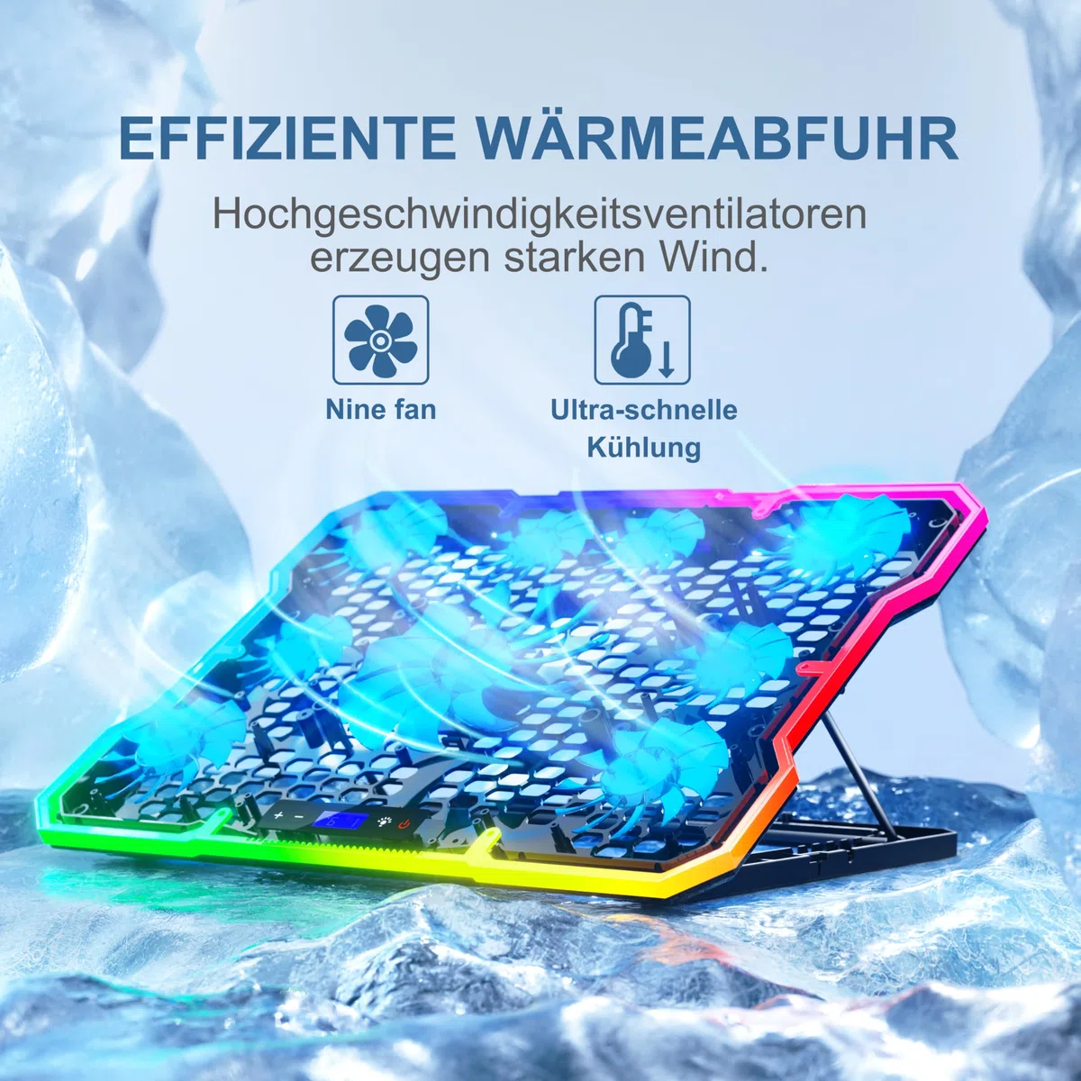 Laptop-Kühlpad MOOJAY mit 9 Leisen Lüftern für 14–19-Zoll-Notebooks, Gaming-Kühlständer mit 6 Einstellbaren Lüftergeschwindigkeiten, 10 RGB-Lichtmodi, 2 USB-Anschlüssen und Handyhalter