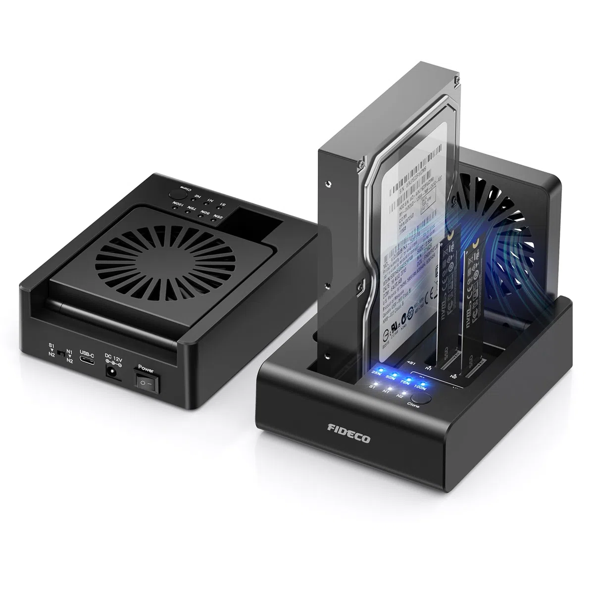 FIDECO HDD/M.2 NVMe SSD Cloner Docking Station, USB 3.2 Gen 2 (10 Gbit/s), 3-Bay Festplatten-Cloner-Dock für M.2 NVMe SSD und 2,5"/3,5" SATA HDD, mit klappbarem Lüfter