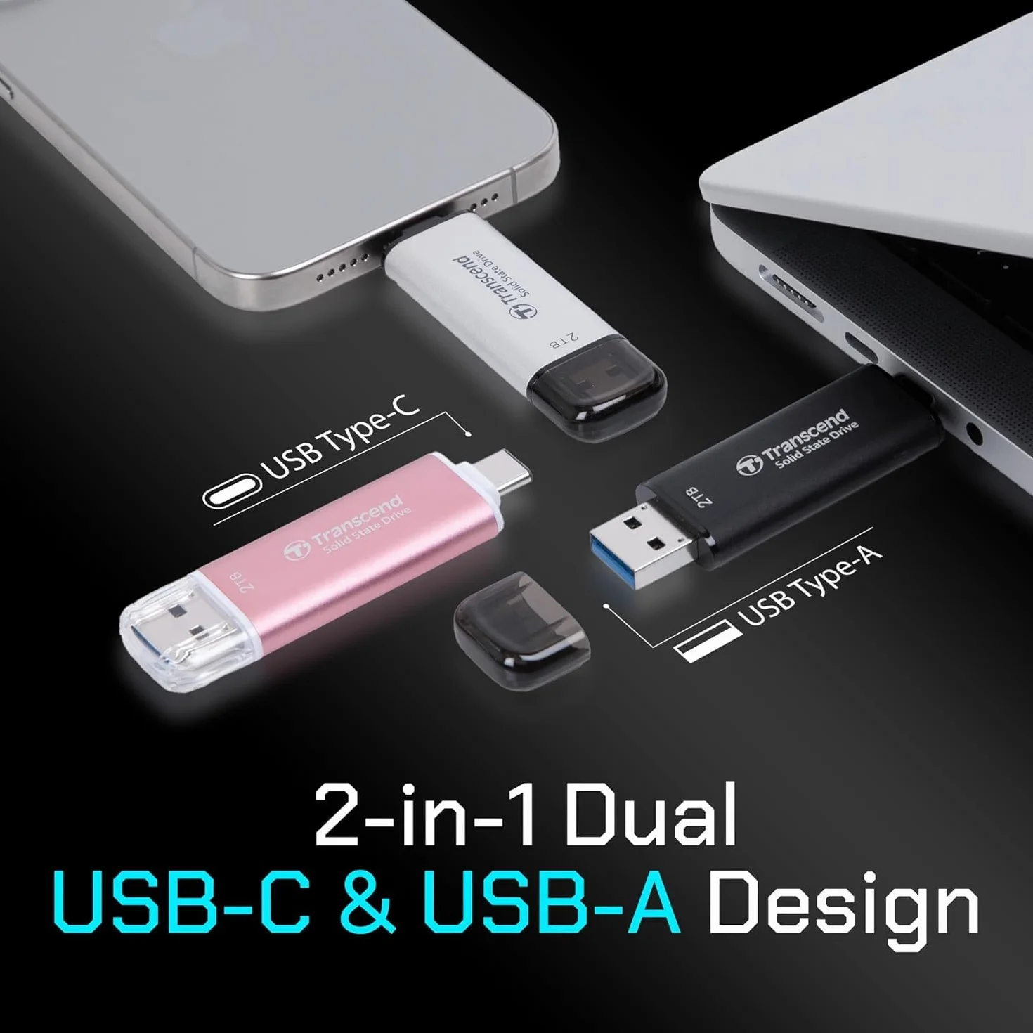 Transcened ESD310 128GB USB 10Gbps, Type C/A, Schwarz, bis zu 1,050 MB/s, Externe SSD | Dual-Anschluss (USB-C & A) | für iPhone 15/16/17 & Android