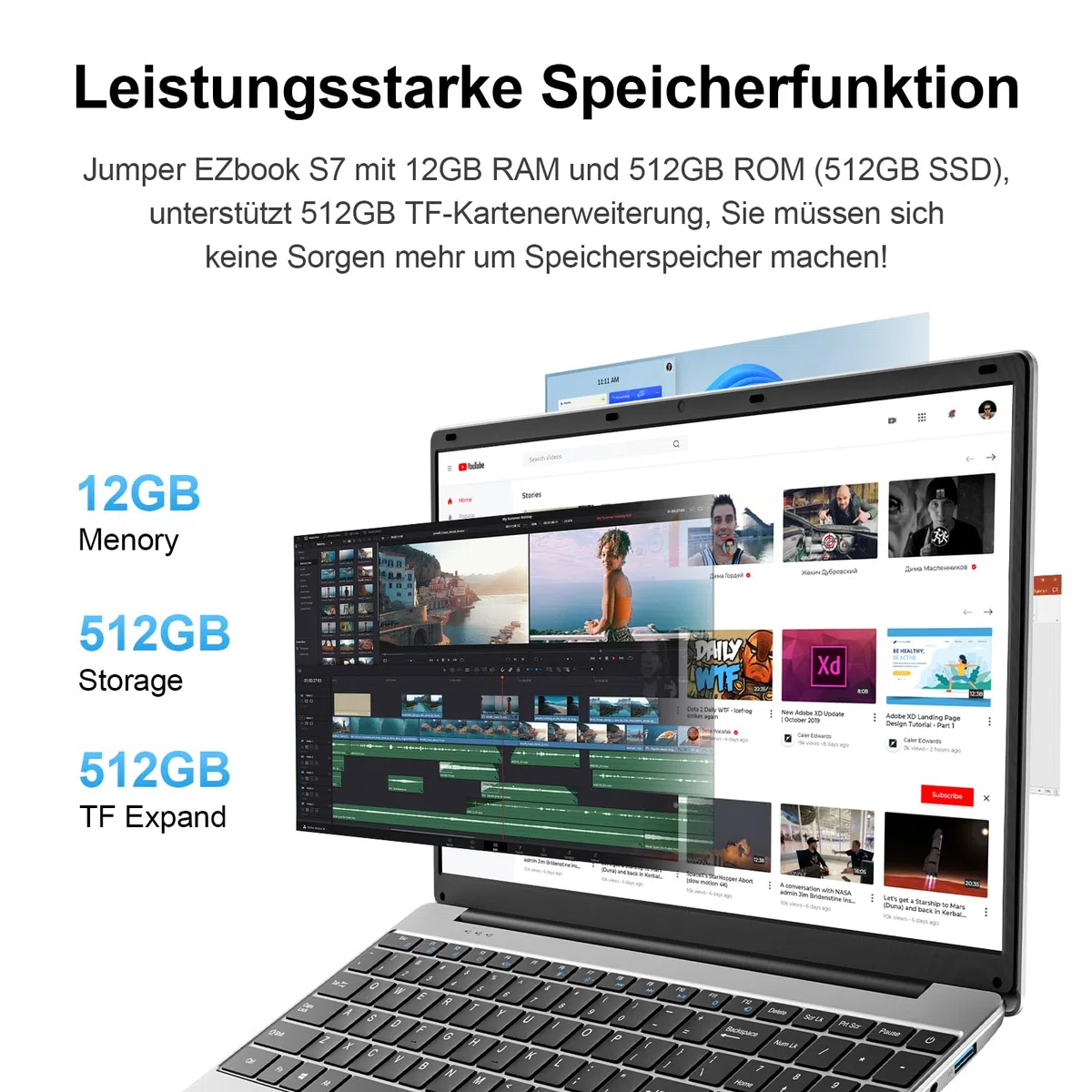jumper Laptop 15,6 Zoll FHD Display, 12 GB RAM 512 GB ROM TF Erweitern 512GB, 5205U Prozessor Notebook(bis zu 2,3 GHz), 2 Stereo-Lautsprecher/USB 3.0/Typ-C/Zehnertastatur