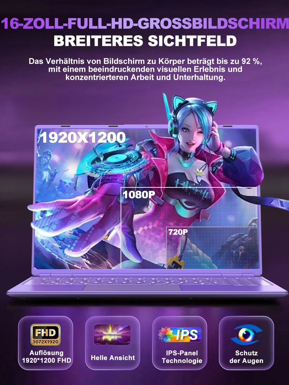 Gaming Laptop 16 Zoll Win11 12+512GB SSD Unterstützung 2TB(HDD-2TB) 1920x1200 Notebook 4-Core Celeron N5095 (bis 2.9GHz) Laptop mit Nummerntastatur WiFi Mini HDMI Deutscher Tastaturschutz-Lila