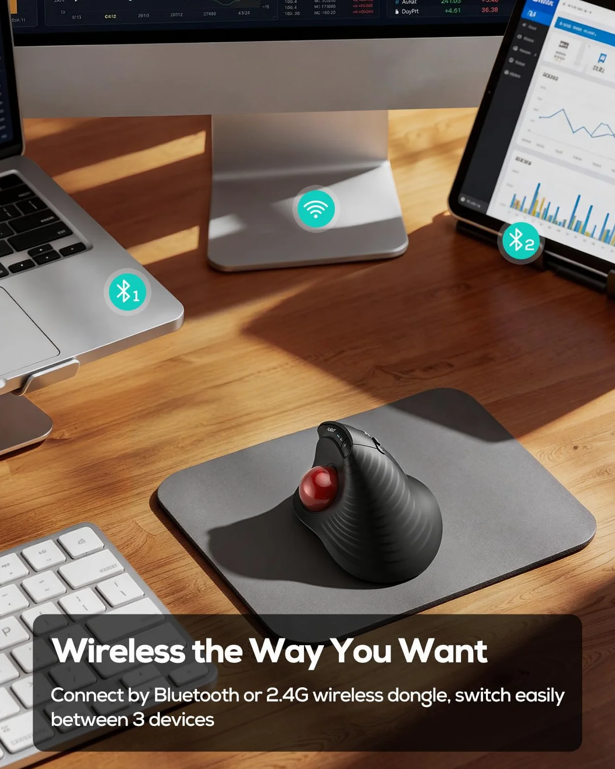 Nulea M514 Vertikale Trackball-Maus, ergonomische kabellose Daumenbedienungs-Maus mit leisem klick, Verbindung mit 3 Geräten (Bluetooth & USB-Empfänger), wiederaufladbar, für PC/Mac/Laptop/Tablet.