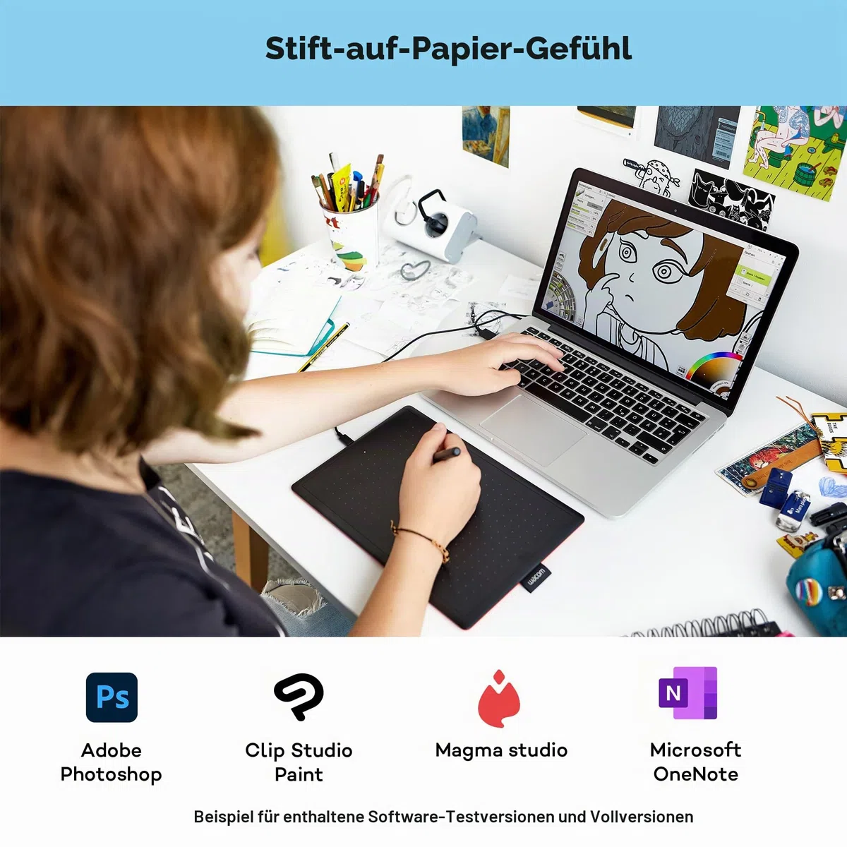 One by Wacom Stifttablett mit drucksensitivem Stift, geeignet für Windows, Mac & Chromebook, Medium, schwarz/rot