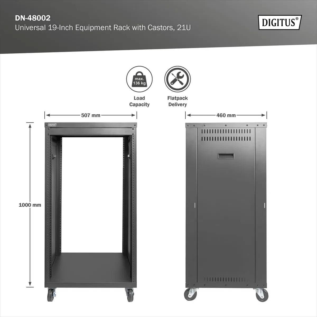 DIGITUS Universal 19 Zoll Rack – 21HE – Audio-Rack – Unmontiert – Schwarz | 457,8 mm Nutztiefe – EU oder US-Schraubgewinde – 136 kg Traglast – Mit Rollen und 1HE Blindpanel
