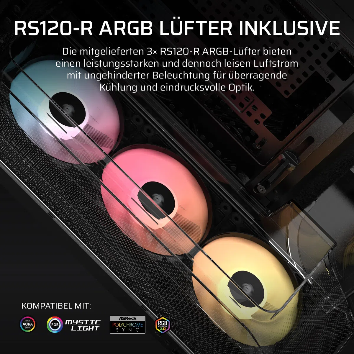 CORSAIR AIR 5400 RS-R ARGB Dreifach-Kammer-Mid-Tower PC-Gehäuse – Schwarz | 3x Vorinstallierte Reverse-Rotor RS120-R ARGB-Lüfter, Luftkanäle für Starke Kühlung, Reverse Motherboard-Unterstützung