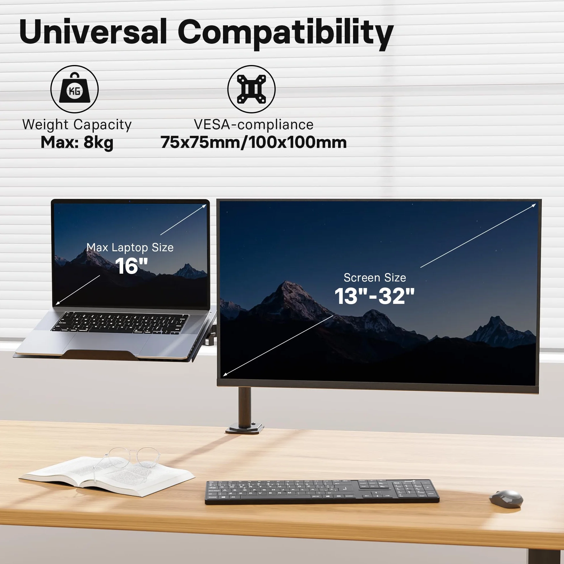 Redbat Monitorarm mit Laptopfach, Dual Screens, Voll einstellbar für 13 bis 32 Zoll LCD LED Bildschirm bis 8kg & Notebook bis 16 Zoll, Neigen, Schwenken & Drehen, 2 Befestigungsmöglichkeiten