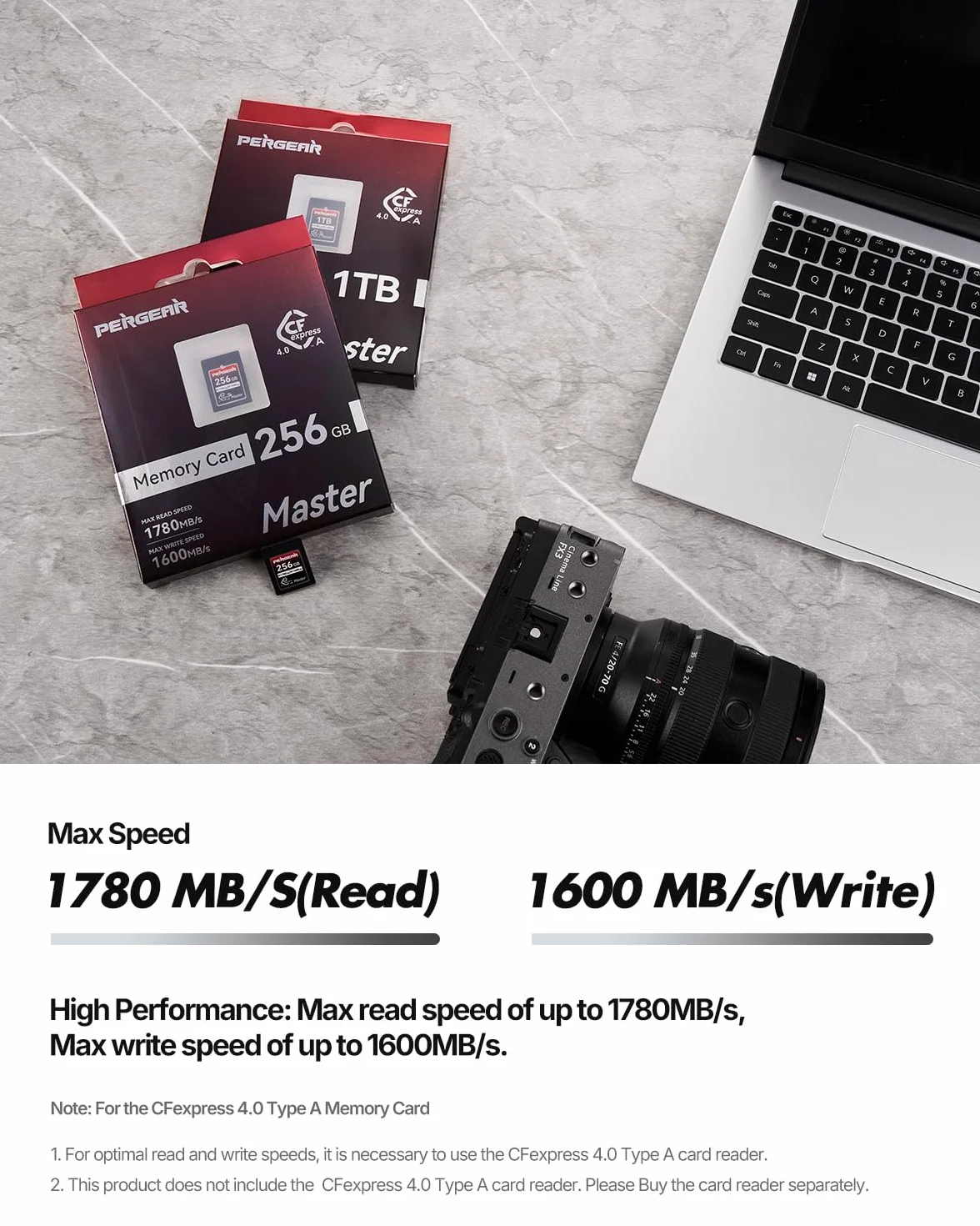 Pergear 256GB CFexpress 4.0 Typ A-Speicherkarte, Bis zu 1780MB/s Lesegeschwindigkeit und 1600MB/s Schreibgeschwindigkeit für 4K 120P, 8K 30P(Master Series), Kompatibel mit Sony Alpha und FX-Kameras