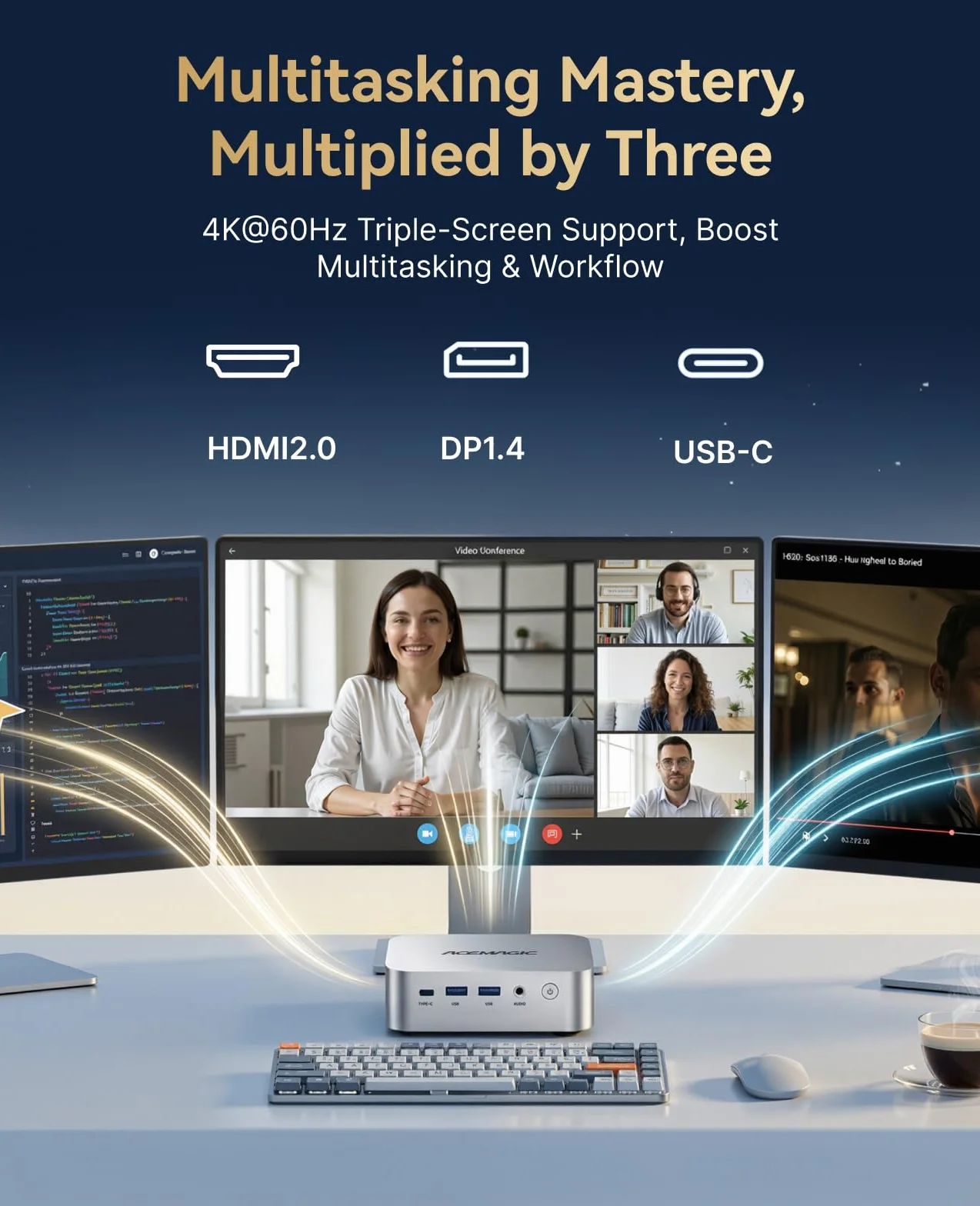 ACEMAGICIAN K1 Mini PC, AMD Ryzen R2544 (Besser als 4300U/3500U/N95,bis zu 3,7 GHz), 8GB DDR4 256GB SSD Win11 Pro Mini Computer, Triple 4K Display/WiFi 5/BT 4.2 für Home-Office, Schule & Multimedia
