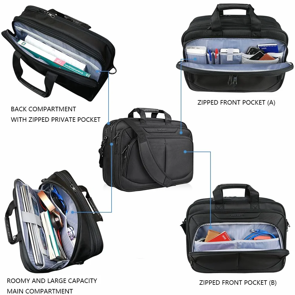 KROSER LaptopTasche 18" Upgrade Erweiterbare Leichte Aktentasche für 17,3" Laptop Premium Arbeitstasche Wasserdichte Umhängetasche mit RFID-Taschen für Schule/Reisen/Frauen/Männer-Schwarz MEHRWEG
