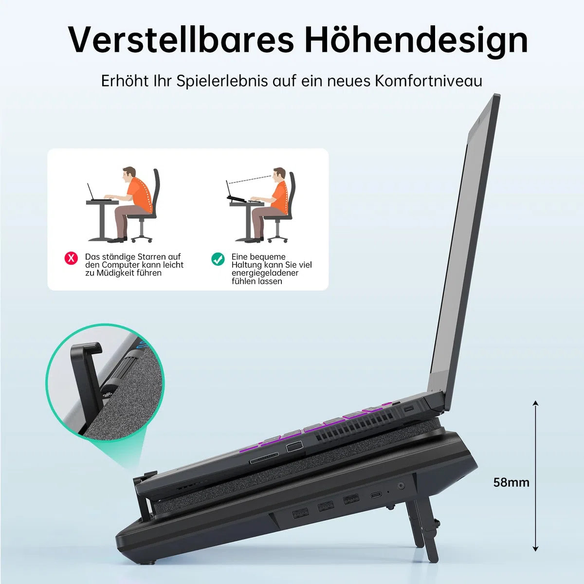 llano Gaming Laptop Kühler Kühlpad- mit stufenloser Geschwindigkeit 14cm Extra-groß Leistungsstarker Turbo-Lüfter & Dichtungsschaum schnelle Kühlung 15-19 Zoll Notebook 3-Port-USB-Hub Kein RGB