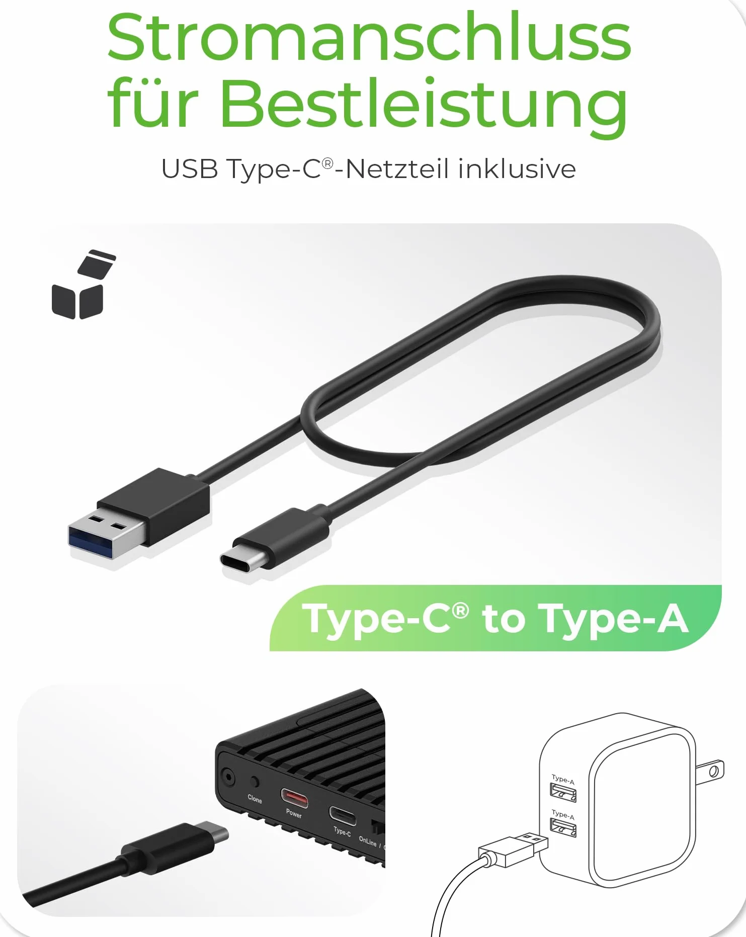 ICY Box M.2 NVMe SSD Docking Station USB 3.2 Gen 2 (10 Gbit/s), NVMe Klonstation & Lesegerät, Extern, Adapter, USB-C & USB-A, IB-2817MCL-C31