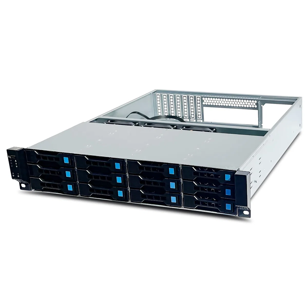 FANTEC 2563 SRC-2012X07-12G/6G 19" 2HE Storage Gehäuse, 12x SAS/SATA Einschübe mit je 2 Status LEDs, Einschübe für 3,5" und 2,5" Datenträger, 1x USB 2 Anschluss, 3X 80mm Lüfter