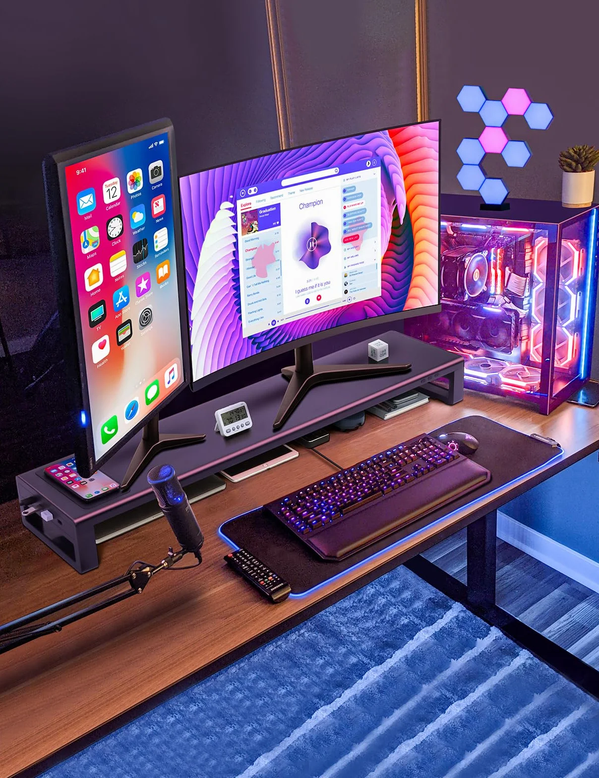 Vaydeer Dual-Monitor-Ständer mit kabelloser Aufladung und 4 USB-Hubs - Metallständer für 2 Monitore - Unterstützt bis zu 32 Zoll - für Computer, Laptop - Schwarz
