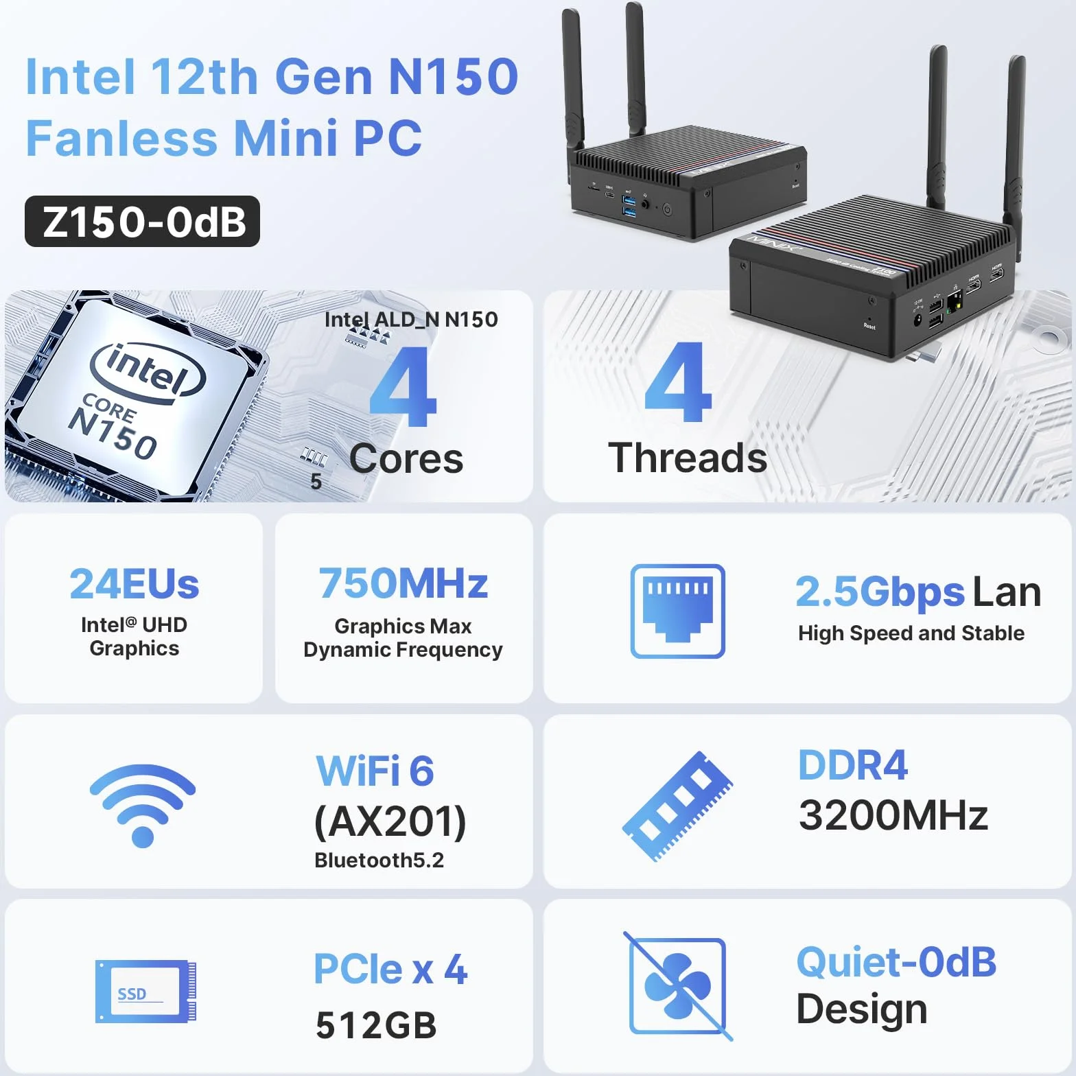 MINIX Z150-0dB lüfterloser Mini PC, Intel N150, 16GB DDR4, 512GB M.2 PCIe Gen3 x 4 NVMe SSD Mini Desktop Computer, 4K Dual Display/2.5G LAN/USB3.2/USB-C/Vesa Mount/Auto Power On for Offfice Business