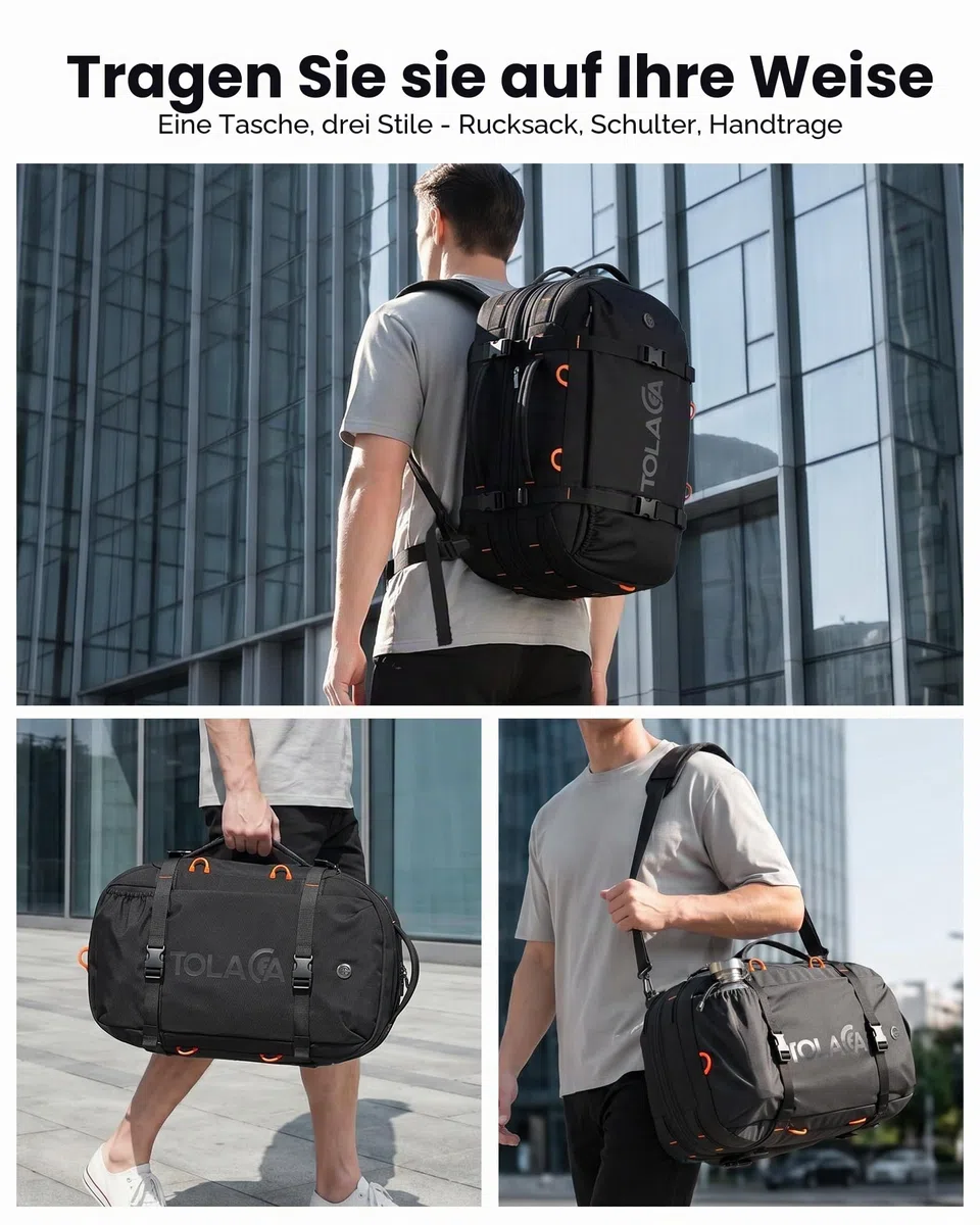 Tolaccea Reiserucksack, Handgepäck Rucksack Flugzeug, TSA-Freundlicher Laptop Rucksack 15,6 Zoll, Erweiterbar 40L auf 50L, Weekender Herren für Reise Wandern Camping