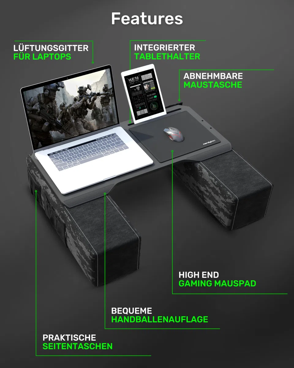 Couchmaster CYBOT, ergonomischer Laptoptisch für Couch, Sofa und Bett, extra breiter Laptop Tisch für Notebooks oder Wireless Peripherie