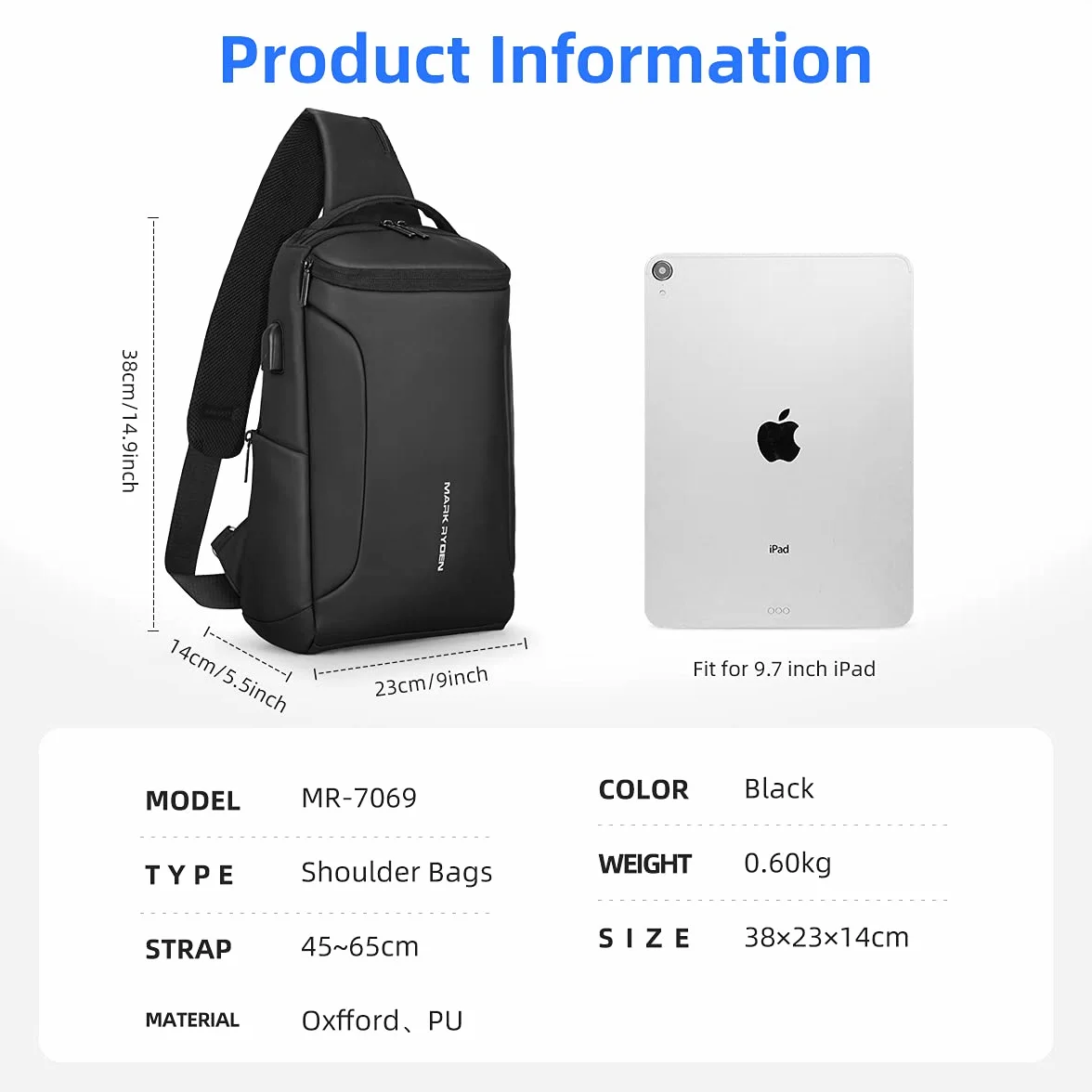 Muzee Umhängetasche，wasserdichter Crossbody Rucksack ，Diebstahlsicherung Rucksack mit mehreren Taschen，lässiger Herrenrucksack (für 10,5-Zoll-iPad)