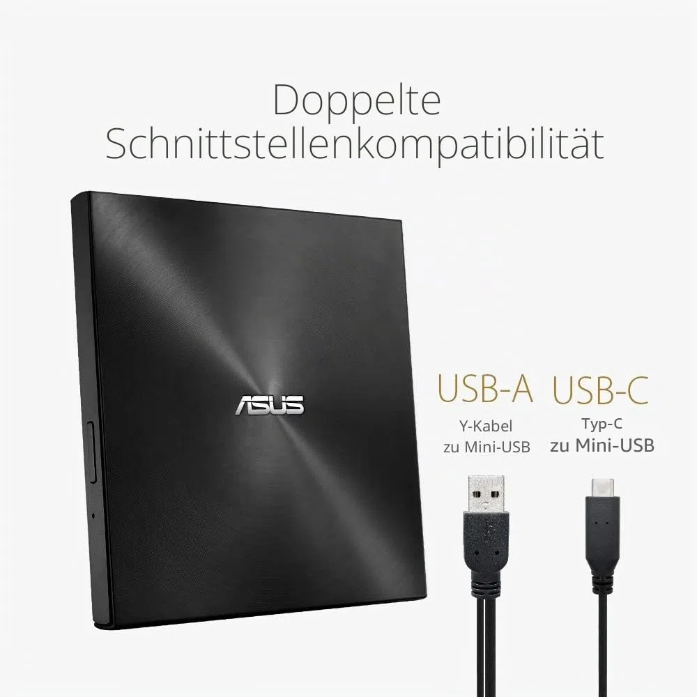 ASUS ZenDrive U9M Schwarz – USB 2.0/USB-C Slim Externer DVD-Brenner Optische Disc 8X Speed Re-Writer-Laufwerk mit M-Disc-Unterstützung, USB 2.0 Typ-A/Typ-C-Kompatibilität, Mac/Windows OS kompatibel