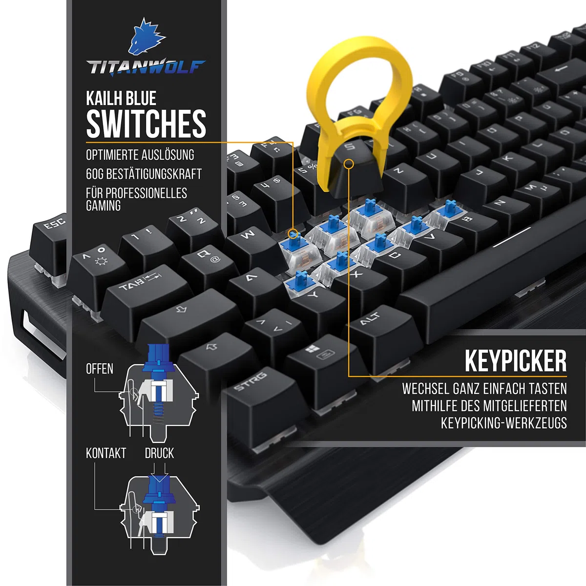 TITANWOLF Gaming Set - mechanische Tastatur ALUMAR MMO 10800dpi Gaming Maus Specialist XXL Mauspad - Mechanical Keyboard - Anti-Ghosting - LED Backlight - 19 Lichtmodi - Makro-Modus