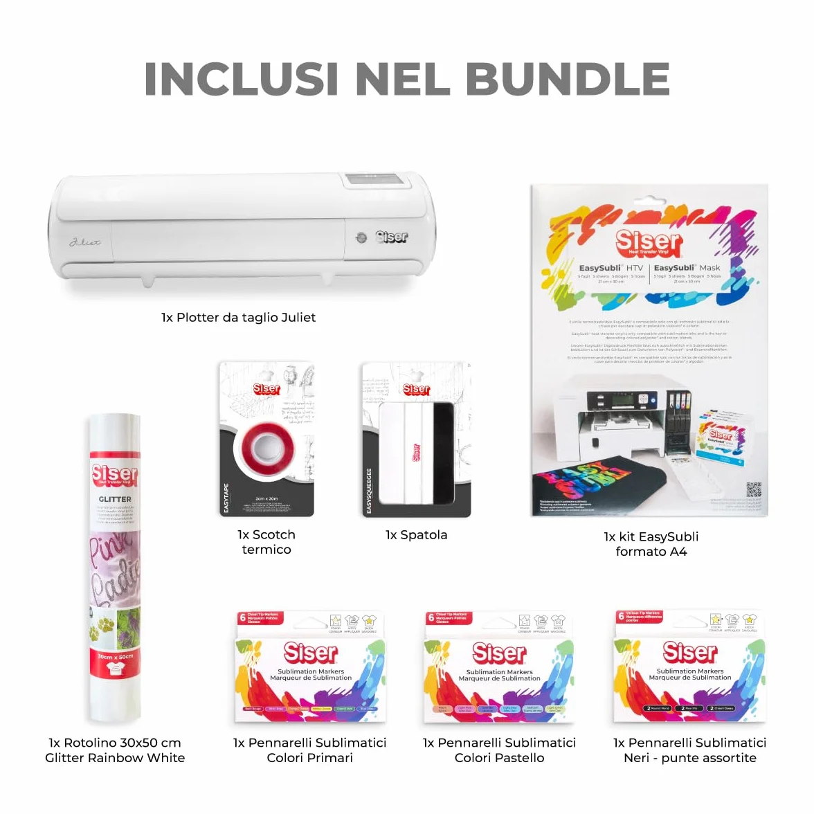Siser Juliet® Subli Paket – Professioneller Schneideplotter, EasySubli® Thermovinyl, Subli-Stifte, Glitter Thermovinyl, Thermofixierband, Inklusive Zubehör