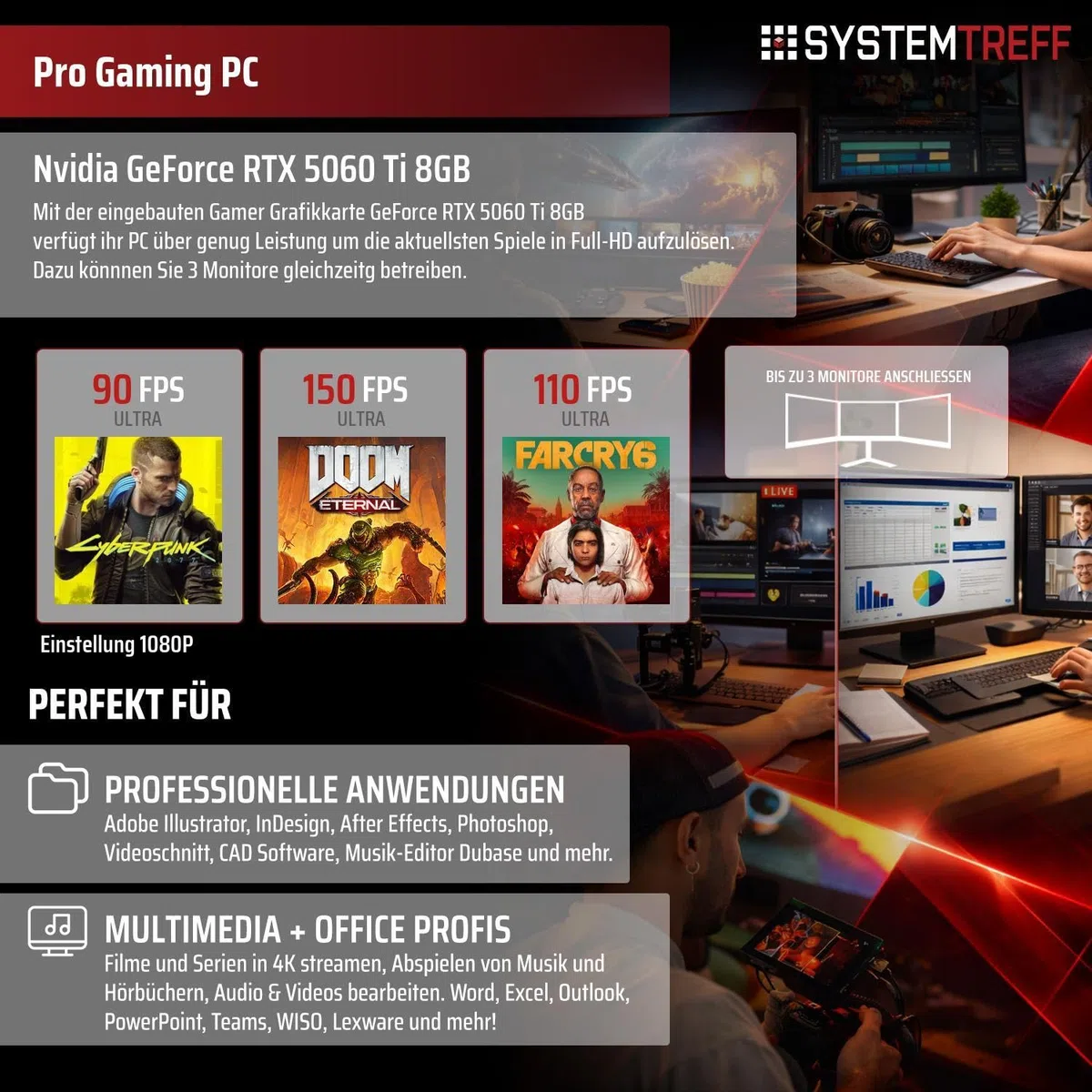 SYSTEMTREFF Gaming PC AMD Ryzen 7 5700X 8x4.6GHz | Nvidia RTX 5060 Ti 8GB DX12 | 1TB M.2 NVMe | 32GB DDR4 RAM | Windows 11 | WLAN Desktop Computer Rechner für Gamer, Zocker & Streamer