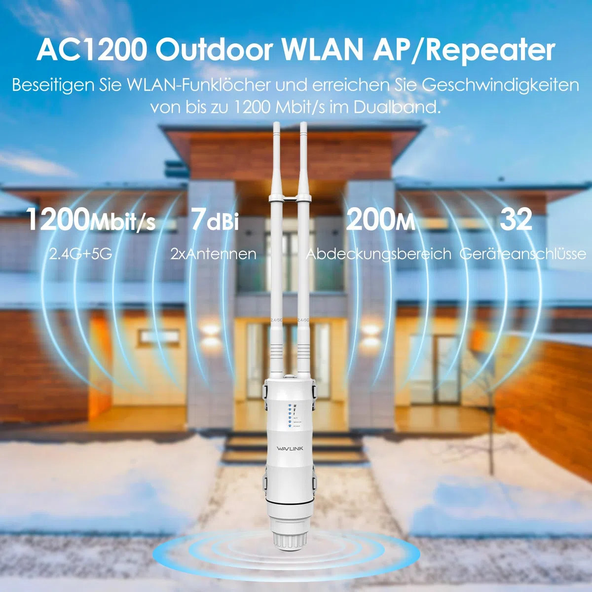 WAVLINK AC1200 Outdoor WLAN Repeater, wetterfester 1200Mbit/s WLAN Access Point/Verstärker unterstützt Passive/Active PoE, AP/Router/Repeater Modi, 100Mbit/s WAN/LAN, WPA2, EU-Netzteil