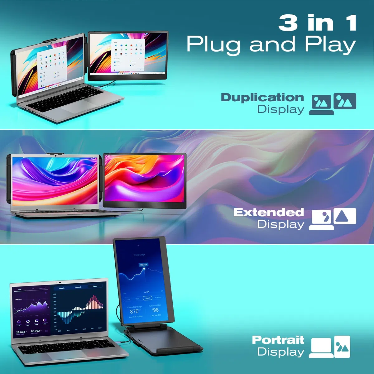 Teamgee Laptop Monitor erweiterung, 14" FHD 1080P IPS Portable Monitor für Laptop, Eingebauter Stand/Lautsprecher, Dual Screen für 13“-17“ Laptops, Plug & Play Geeignet für Mac, Wins, Android