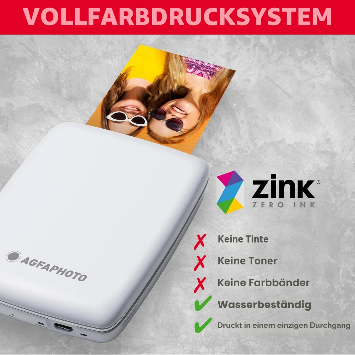 AGFA PHOTO Mini P.2 - Imprimante Portable Zink pour Photos Instantanées, Format 5x7,6 cm, Connexion Bluetooth, Compatible iOS/Android, 10 Feuilles Zink Incluses - Blanc