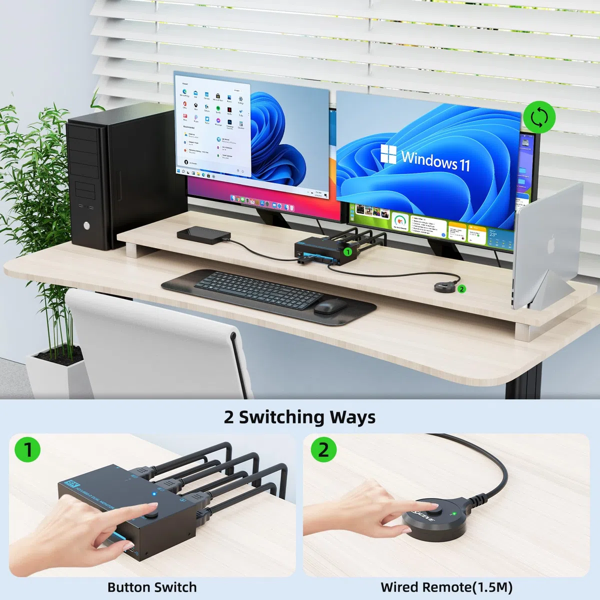 8K HDMI 2.1 KVM Switch 2 PC 2 Monitore 2 IN 2 OUT Dual Monitor KVM Switches Maximale Unterstützung 8K@60Hz/4K@144Hz, mit 4 USB 3.0-Anschlüssen kabelgebundener & Fernbedienung & 2 USB 3.0-Kabeln